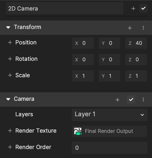 the components of the 2d camera in the inspector panel