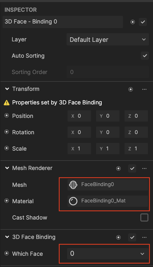 3d face binding 0 mesh renderer component