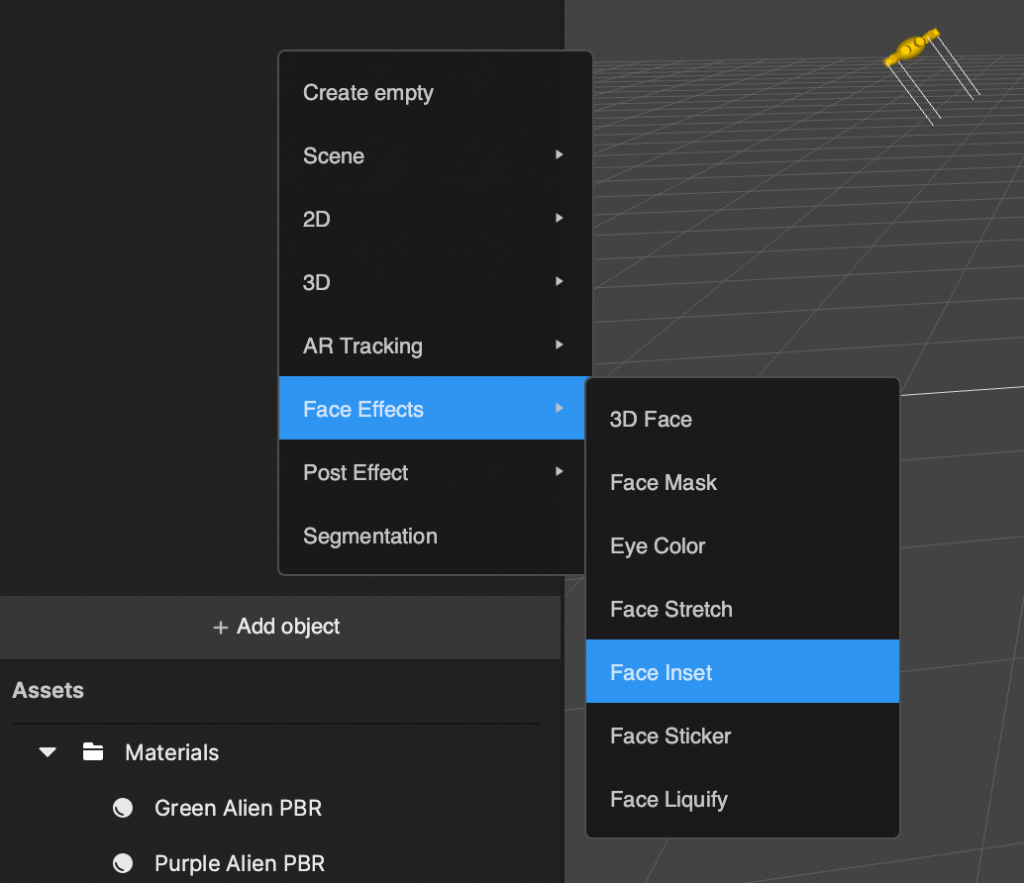 add a face inset object in the hierarchy panel