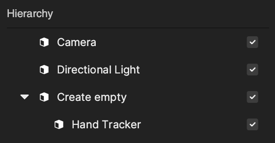 add a hand tracker object in the hierarchy panel