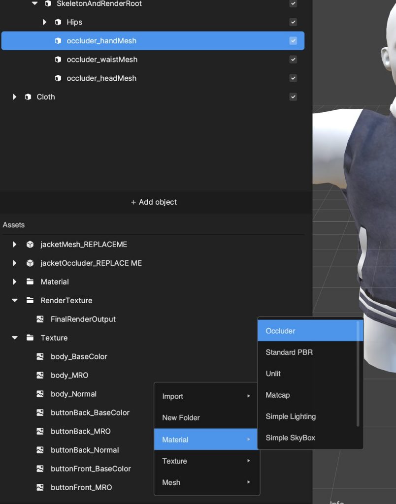 add an occluder material in the assets panel