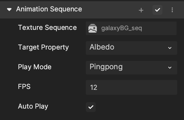 animation sequence component properties in the inspector panel