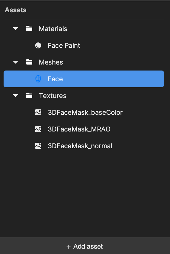 assets panel with the meshes folder open