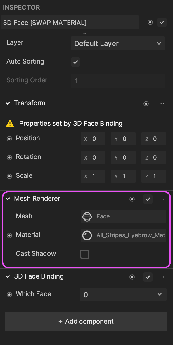 assign the material of the 3d face's mesh renderer component in the inspector panel