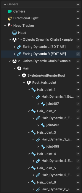 hair object and constituent objects in the hierarchy panel