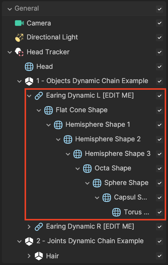 view the dynamic chain earring children objects in the hierarchy panel