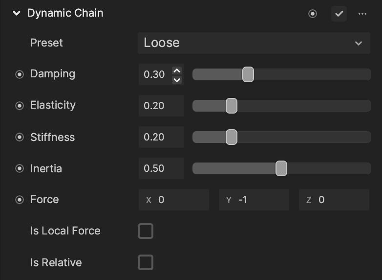 view the dynamic chain properties in the inspector panel