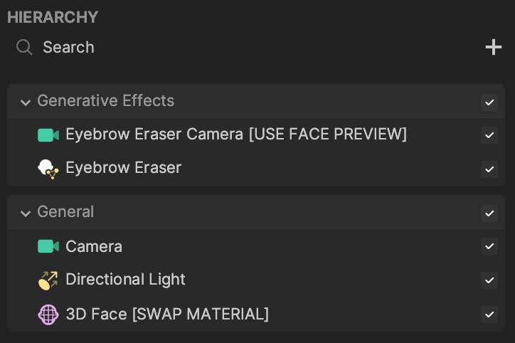 eyebrow editor objects in the hierarchy panel