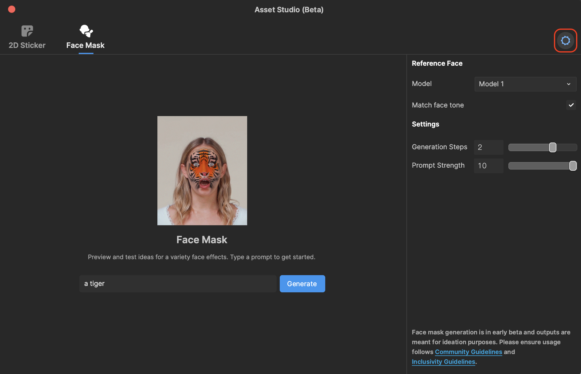 asset studio face mask settings
