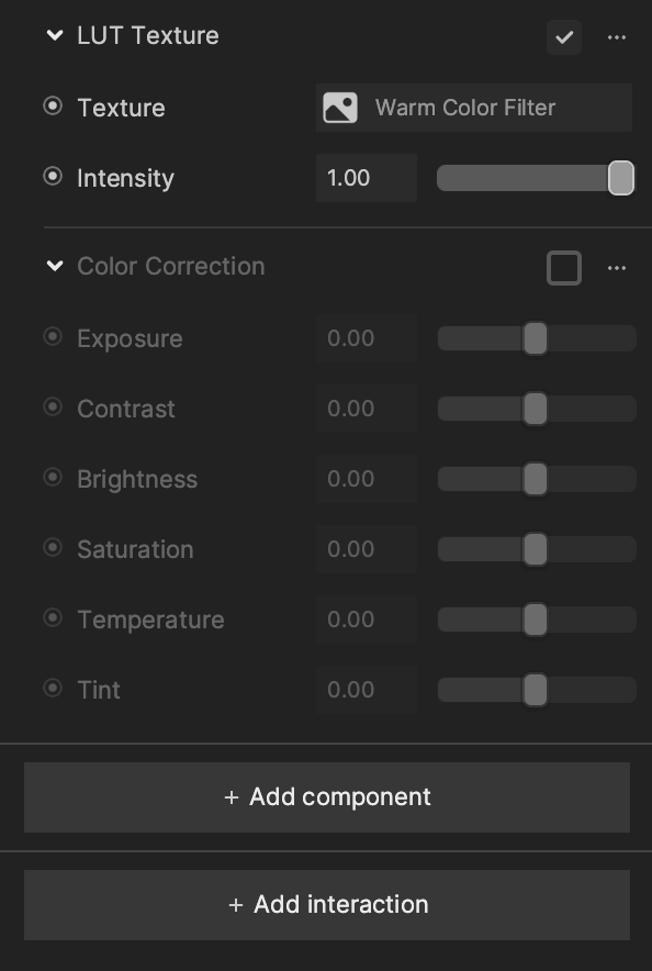 filter lut texture in inspector panel