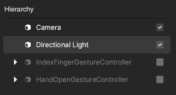 finger and hand gesture controllers in the hierarchy panel