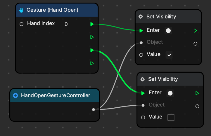 add gesture hand open node and set visibility node in the visual scripting panel