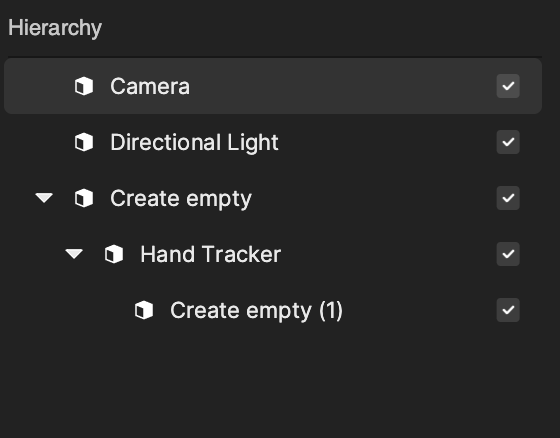 hand tracker and empty object in the hierarchy panel