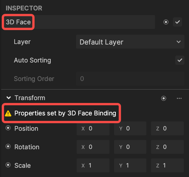 3D face object in the inspector panel
