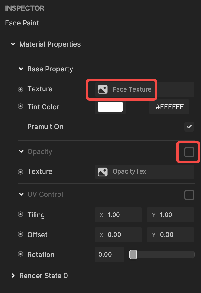 face tecture in the inspector panel