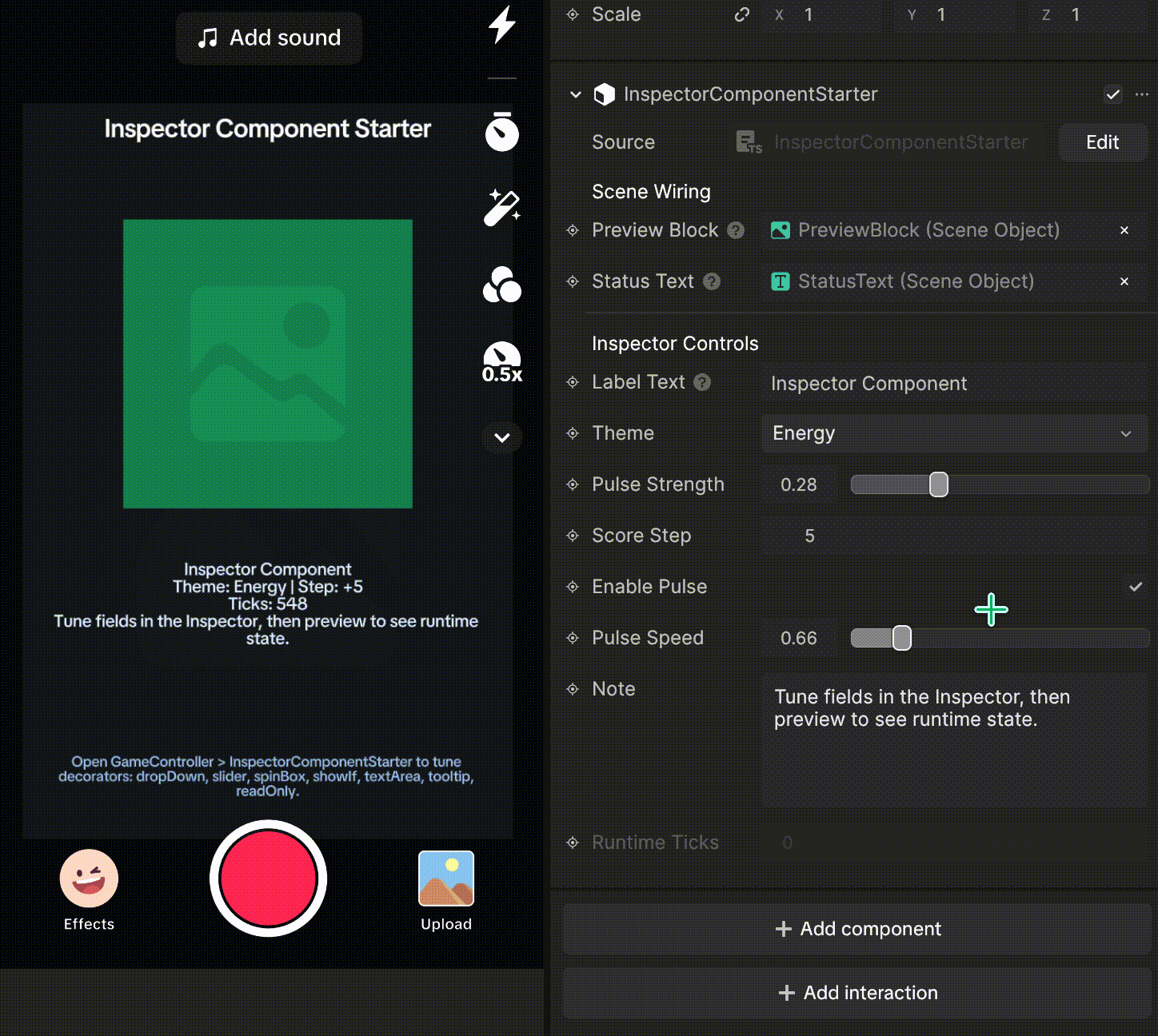 Decorator controls in the Inspector Component Starter demo
