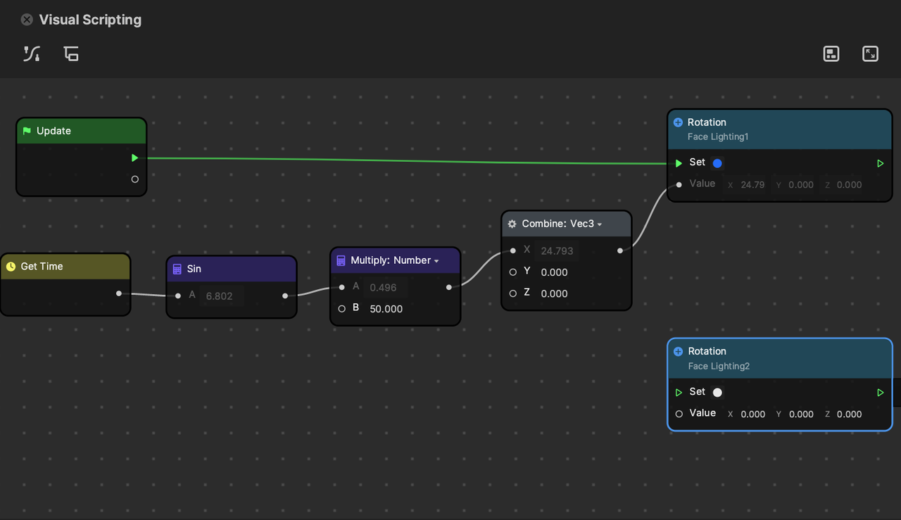 link nodes together in the visual scripting panel