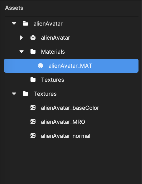 materials in the assets panel