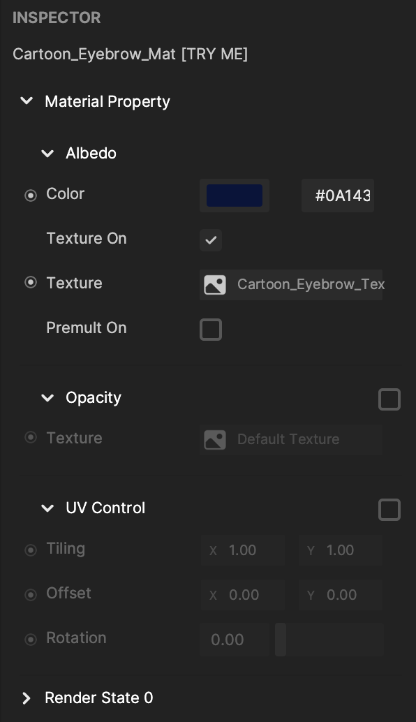 modified texture example material property in the inspector panel