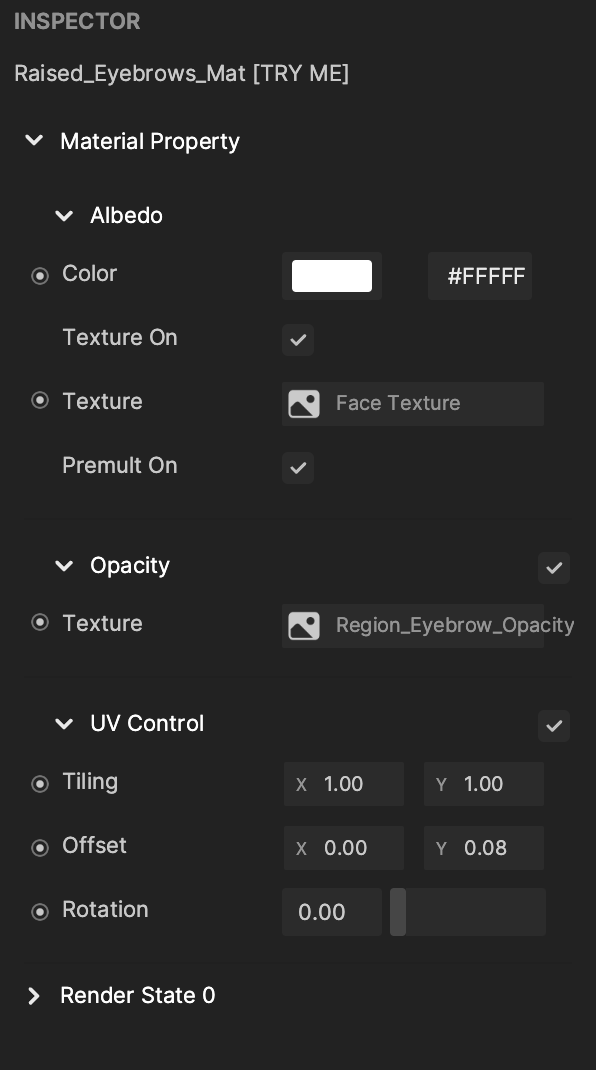 modified uv examples materials properties in the inspector panel