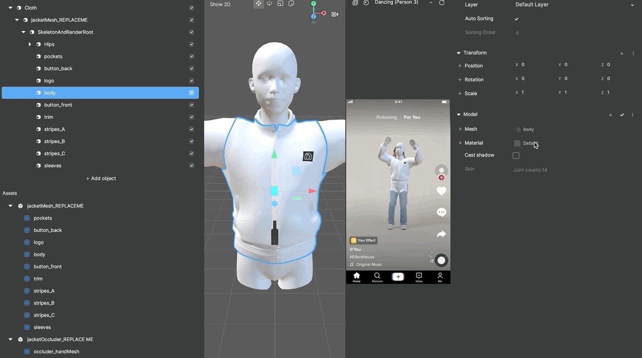 multiple mesh objects are available in the hierarchy panel and materials in the assets panel