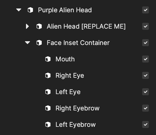 the objects of the purple alien in the hierarchy panel