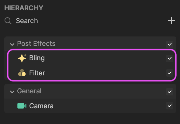 hierarchy panel with post effects