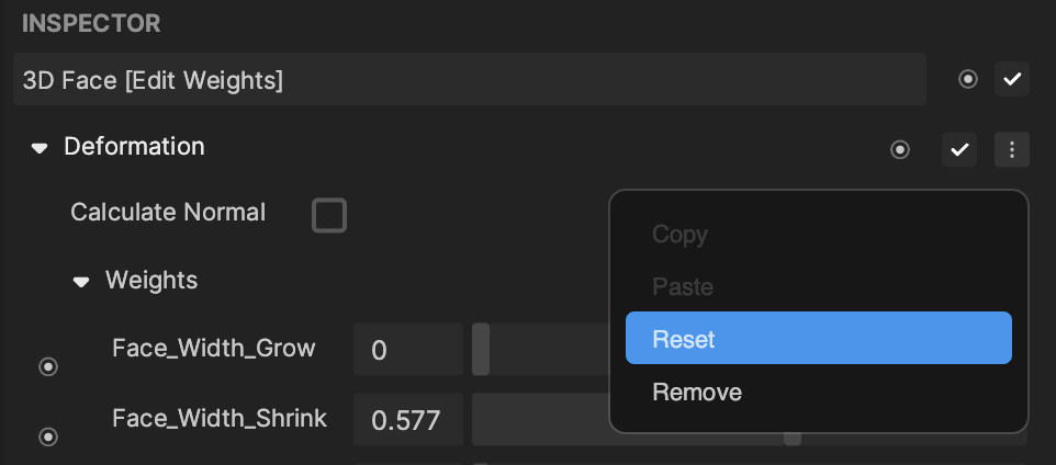 reset blend shape in the inspector panel