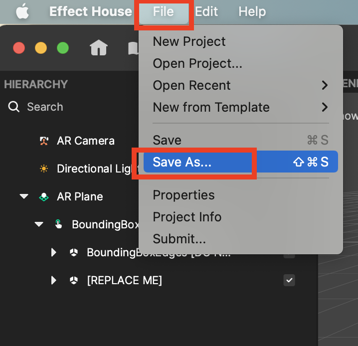 save the template tutorial project in effect house