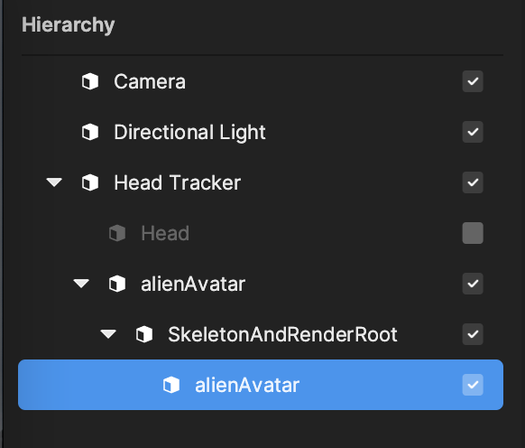 select the alienavatar object in the hierarchy panel