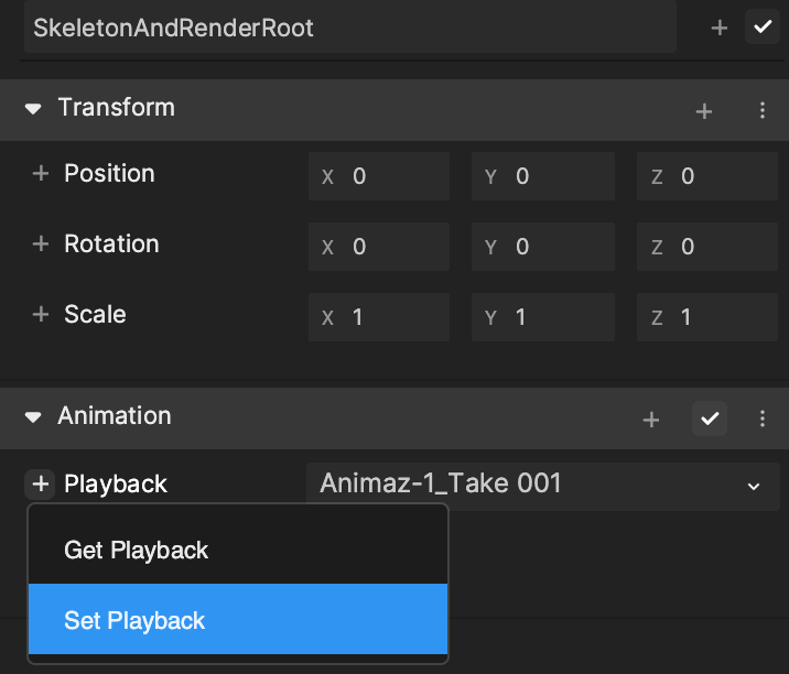 set the animation property to set playback in the inspector panel